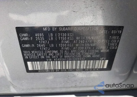 2019 Subaru Outback 2.5I Premium из США, поврежденный, VIN 4S4BSAFC8K3328032